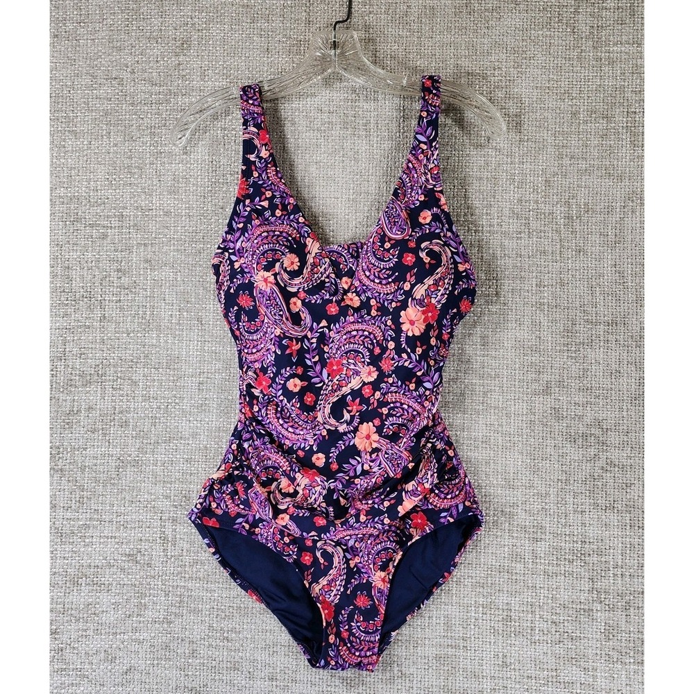 Lands End Floral One Piece Swimsuit Womens‎ S Navy Pink Ruched Slimming Beach